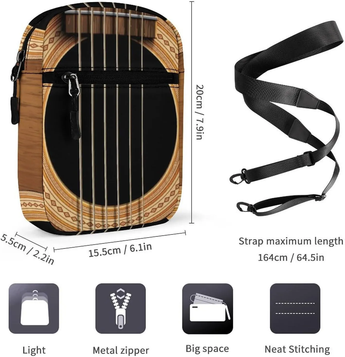 Wood Acoustic Guitar Music Detachable Shoulder Strap Exquisite Small Shoulder Bag