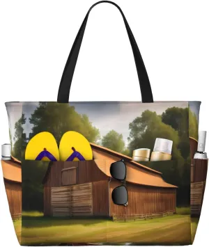 Wooden Barn Countryside Print Spacious Hand-Held Tote,Sand-Resistant Beach Carry Bag For Fashionable Ladies