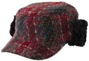 Woolrich Legion Cap Plaid Wool Blend Faux Fur, Fold-up Earflaps, Closed Back Hat (Ruby)