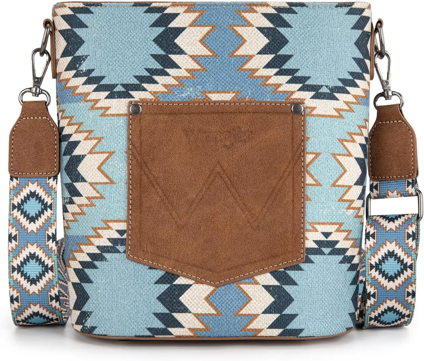 Wrangler Aztec Crossbody Bag for Women Southwestern Print Canvas Shoulder Purse with Distressed Look and Adjustable Strap