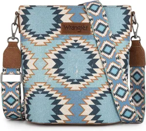 Wrangler Aztec Crossbody Bag for Women Southwestern Print Canvas Shoulder Purse with Distressed Look and Adjustable Strap