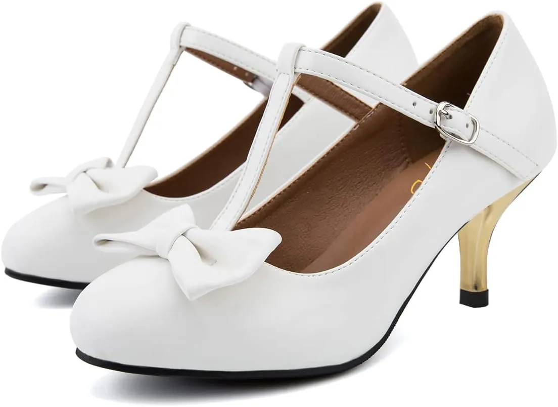 XYD Women Classic Pumps Bow Knot T-Strap Round Toe Mary Jane Kitten Low Heels with Buckle Office Pumps Casual Shoes