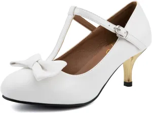 XYD Women Classic Pumps Bow Knot T-Strap Round Toe Mary Jane Kitten Low Heels with Buckle Office Pumps Casual Shoes