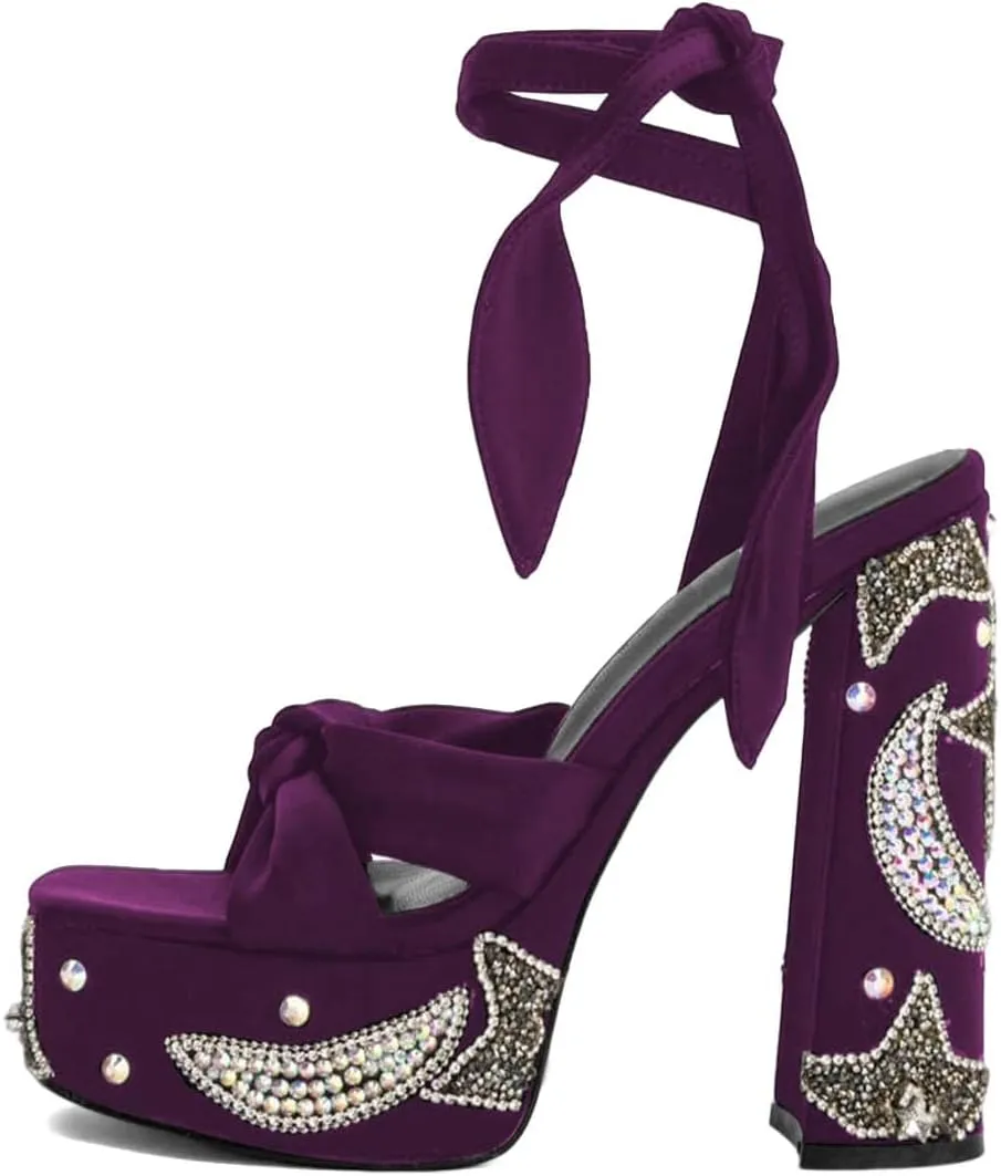 XYD Women Elegant High Chunky Heel Star Moon Studded Rhinestones Platform Sandals Open Square Toe Lace Up Strappy Pumps Evening Party Shoes