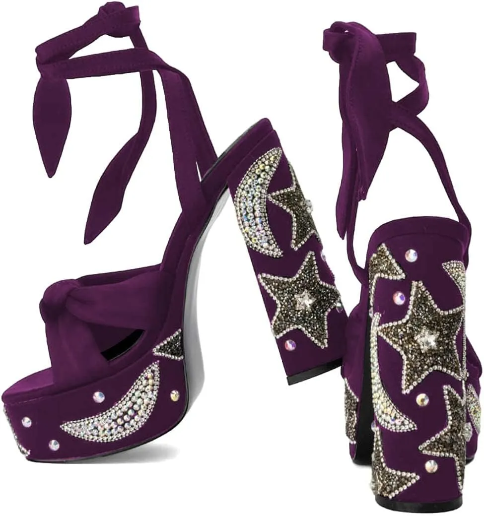 XYD Women Elegant High Chunky Heel Star Moon Studded Rhinestones Platform Sandals Open Square Toe Lace Up Strappy Pumps Evening Party Shoes