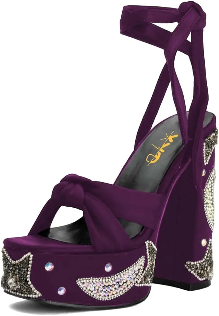 XYD Women Elegant High Chunky Heel Star Moon Studded Rhinestones Platform Sandals Open Square Toe Lace Up Strappy Pumps Evening Party Shoes