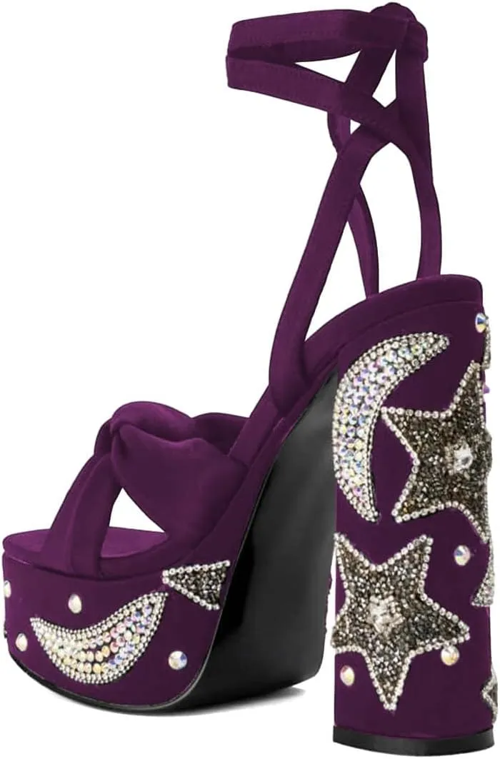 XYD Women Elegant High Chunky Heel Star Moon Studded Rhinestones Platform Sandals Open Square Toe Lace Up Strappy Pumps Evening Party Shoes