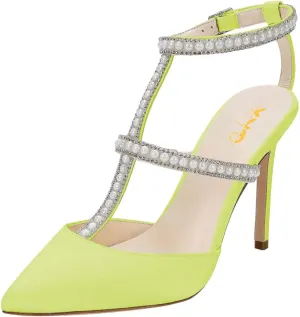 XYD Women Evening Shoes Pearls Crystals Strappy Satin Pointed Toe High Heels Cutout Ankle Strap Dress Bridal Pumps