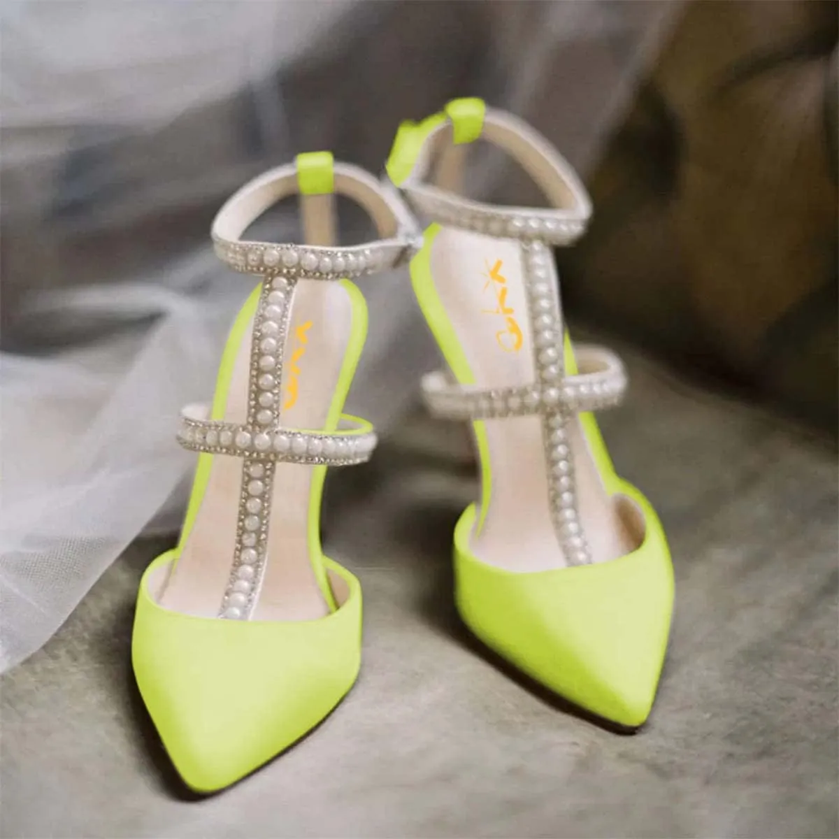 XYD Women Evening Shoes Pearls Crystals Strappy Satin Pointed Toe High Heels Cutout Ankle Strap Dress Bridal Pumps