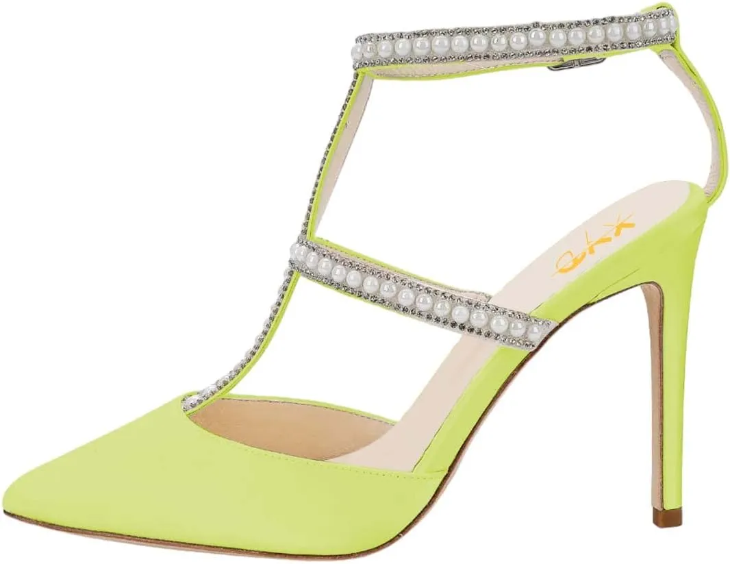 XYD Women Evening Shoes Pearls Crystals Strappy Satin Pointed Toe High Heels Cutout Ankle Strap Dress Bridal Pumps