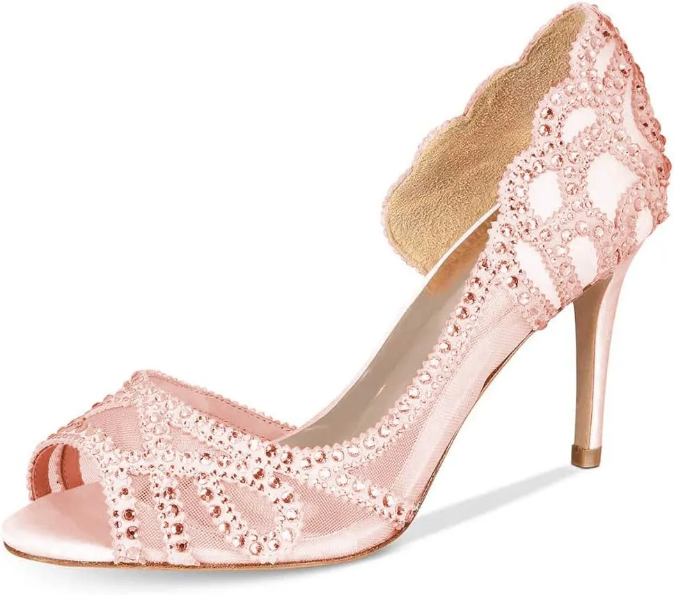 XYD Women Graceful Peep Toe Half D'Orsay Mesh Pumps Crystal Studded Slip On High Heels Wedding Bride Dress Shoes