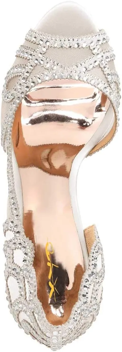 XYD Women Graceful Peep Toe Half D'Orsay Mesh Pumps Crystal Studded Slip On High Heels Wedding Bride Dress Shoes