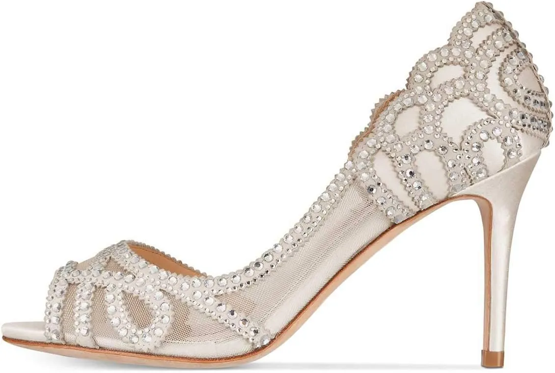 XYD Women Graceful Peep Toe Half D'Orsay Mesh Pumps Crystal Studded Slip On High Heels Wedding Bride Dress Shoes