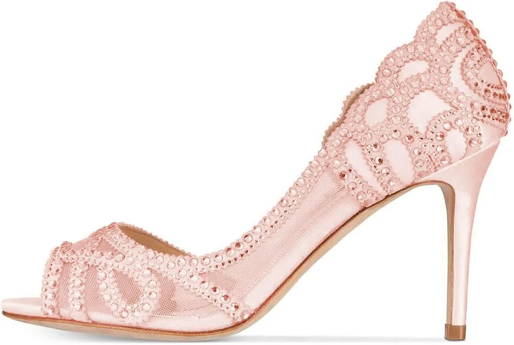 XYD Women Graceful Peep Toe Half D'Orsay Mesh Pumps Crystal Studded Slip On High Heels Wedding Bride Dress Shoes