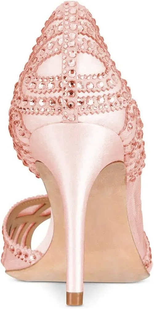 XYD Women Graceful Peep Toe Half D'Orsay Mesh Pumps Crystal Studded Slip On High Heels Wedding Bride Dress Shoes