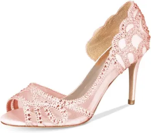 XYD Women Graceful Peep Toe Half D'Orsay Mesh Pumps Crystal Studded Slip On High Heels Wedding Bride Dress Shoes