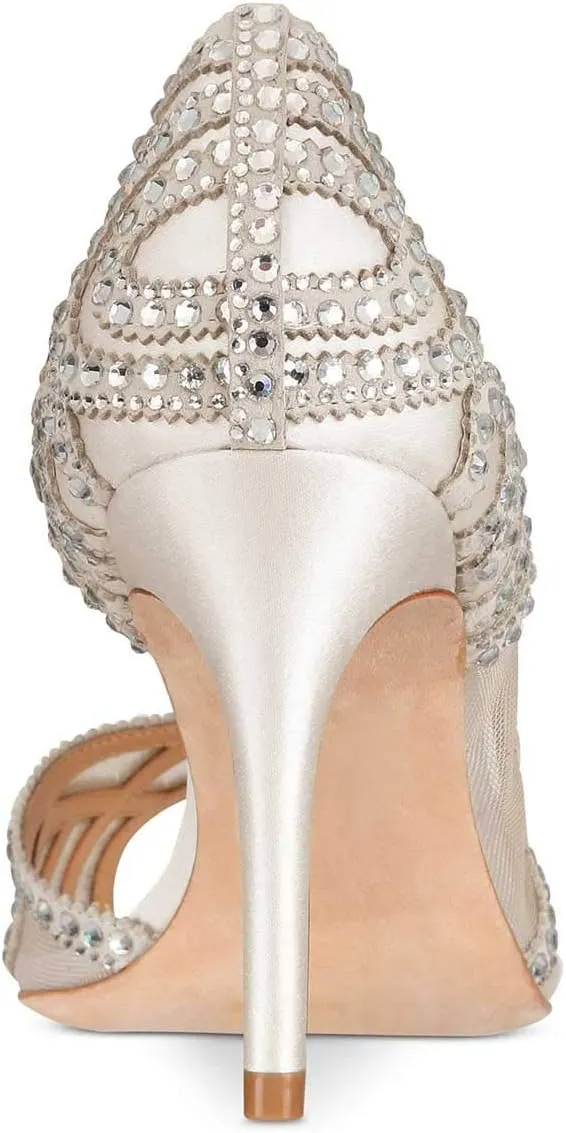 XYD Women Graceful Peep Toe Half D'Orsay Mesh Pumps Crystal Studded Slip On High Heels Wedding Bride Dress Shoes