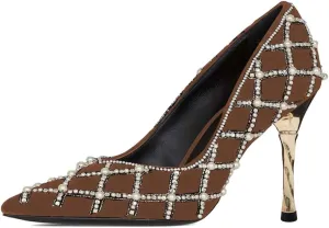 XYD Women Luxury Pearl Studded Plaid Slip On Stiletto High Heel Pumps Closed Pointed Toe Wedding Bride Bridal Evening Party Formal Shoes