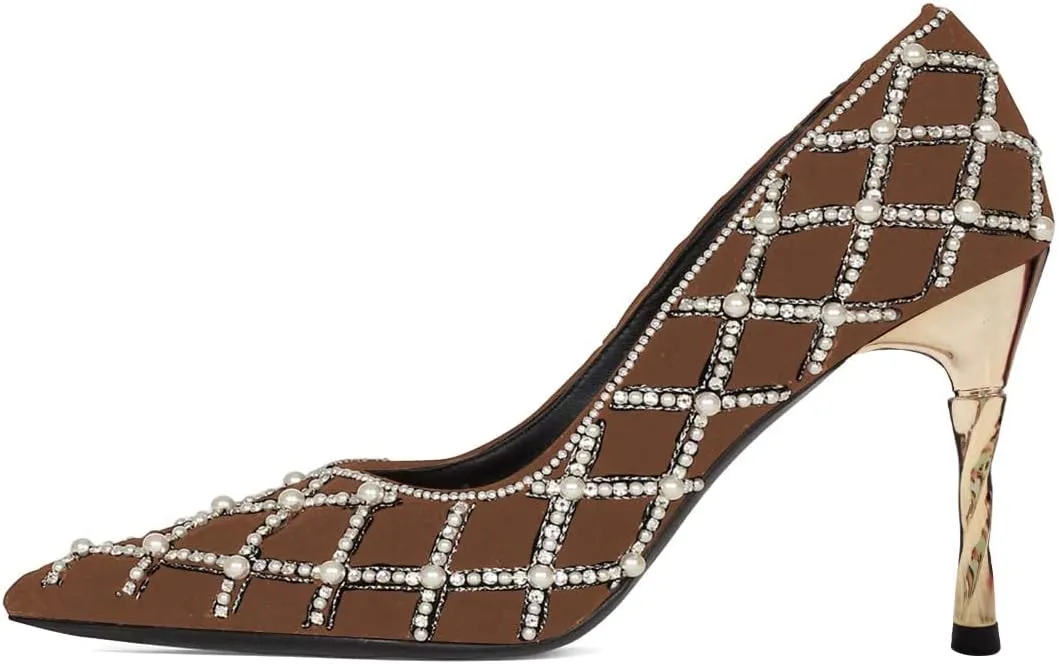 XYD Women Luxury Pearl Studded Plaid Slip On Stiletto High Heel Pumps Closed Pointed Toe Wedding Bride Bridal Evening Party Formal Shoes