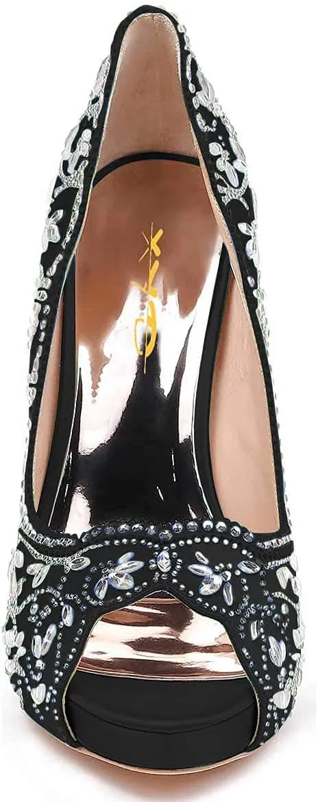 XYD Women Peep Toe Platform Rhinestones Studded Bridal Pumps Satin Stiletto Heels Slip On Wedding Bride Shoes