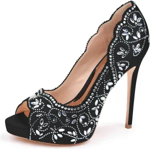 XYD Women Peep Toe Platform Rhinestones Studded Bridal Pumps Satin Stiletto Heels Slip On Wedding Bride Shoes