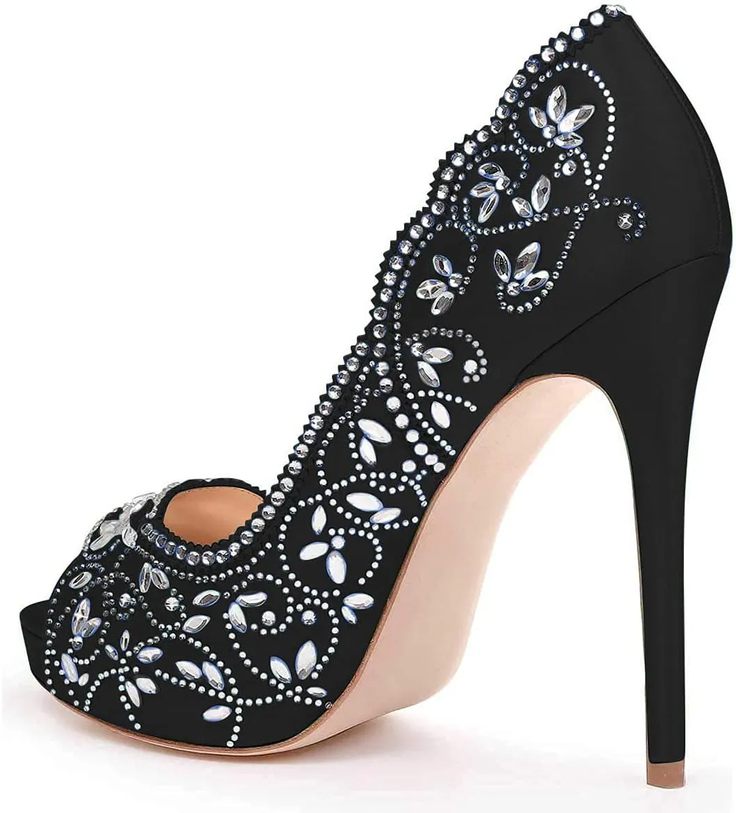 XYD Women Peep Toe Platform Rhinestones Studded Bridal Pumps Satin Stiletto Heels Slip On Wedding Bride Shoes