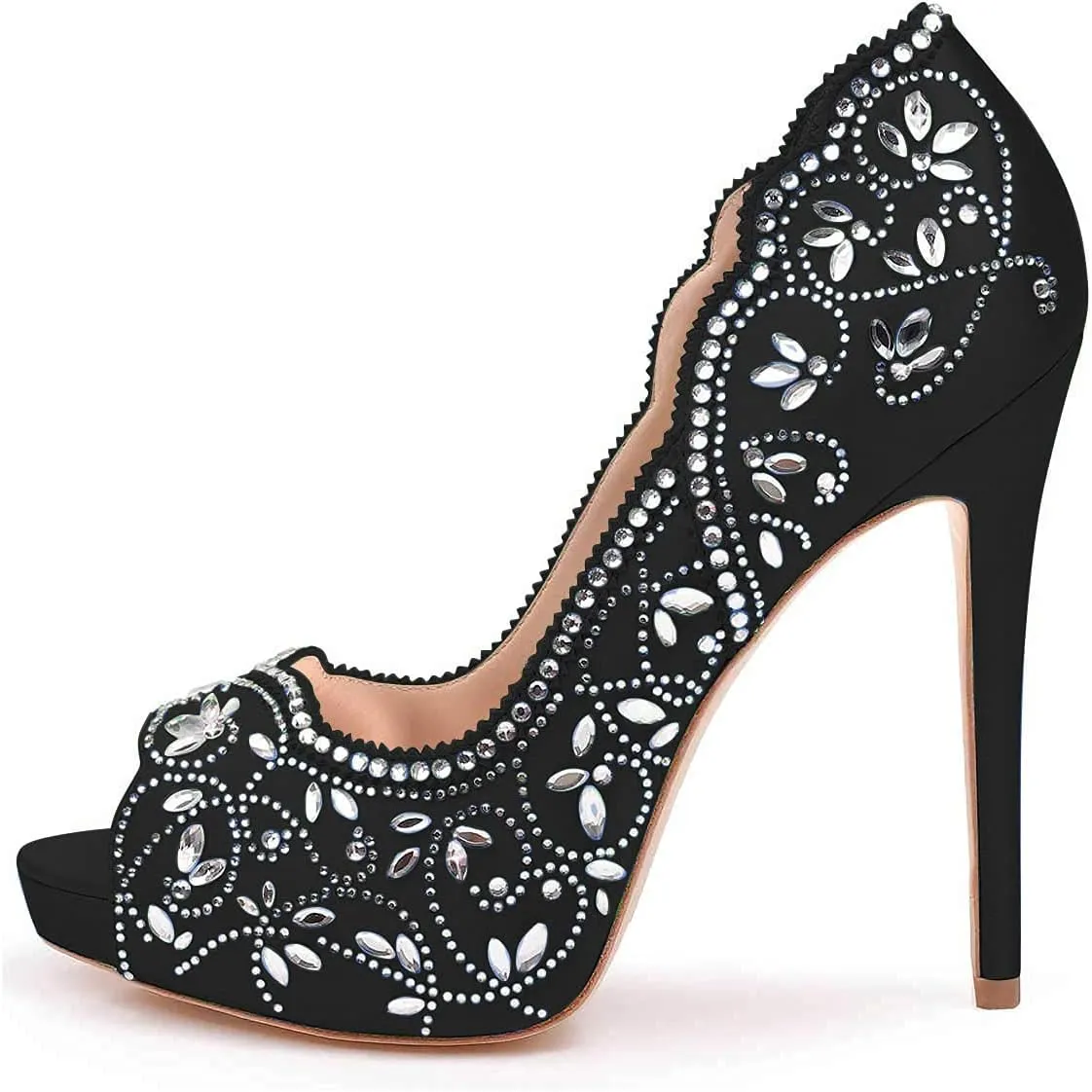 XYD Women Peep Toe Platform Rhinestones Studded Bridal Pumps Satin Stiletto Heels Slip On Wedding Bride Shoes