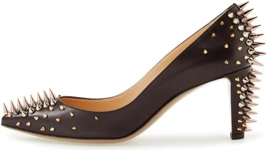 XYD Women Spikes Mid Heel Studded Pumps Pointed Closed Toe Rivets Slip On Edgy Party Dress Shoes