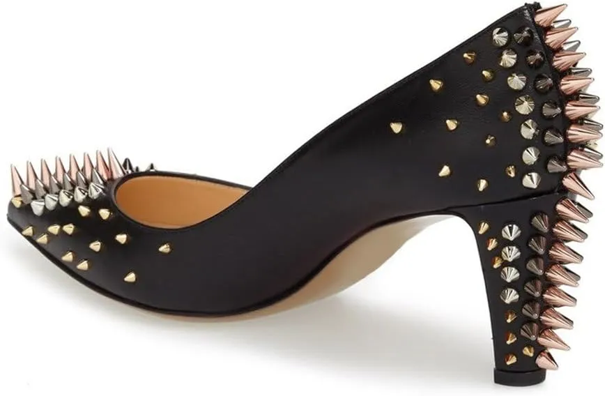 XYD Women Spikes Mid Heel Studded Pumps Pointed Closed Toe Rivets Slip On Edgy Party Dress Shoes