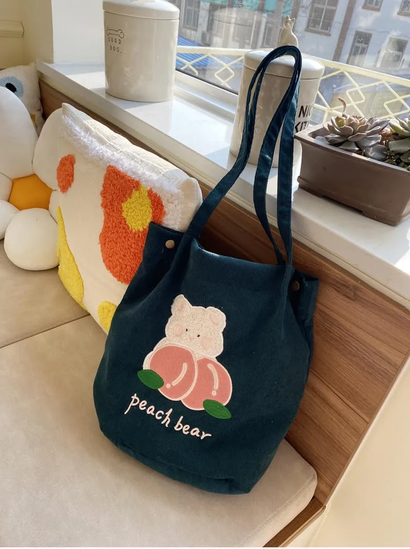 Y2k Corduroy Tote Bag for Women Bear Print Big Capacity Handbags for Women Japanese Kawaii Casual Shoulder Bag