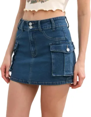 Y2k Cute Cargo Mini Skirt with Pockets Low Rise Denim Skort Stretch Bodycon Skirt Country Concert Outfits for Women