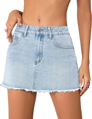 Y2K Low Rise Denim Mini Skirt for Women Distressed Raw Hem Light Wash 2000s Vintage A-Line Short Skirts Non-Stretch