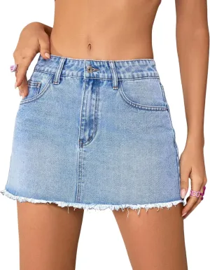 Y2K Low Rise Denim Mini Skirt for Women Distressed Raw Hem Light Wash 2000s Vintage A-Line Short Skirts Non-Stretch