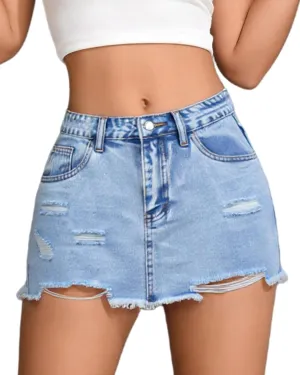 Y2K Low Rise Denim Mini Skirt for Women Distressed Raw Hem Light Wash 2000s Vintage A-Line Short Skirts Non-Stretch