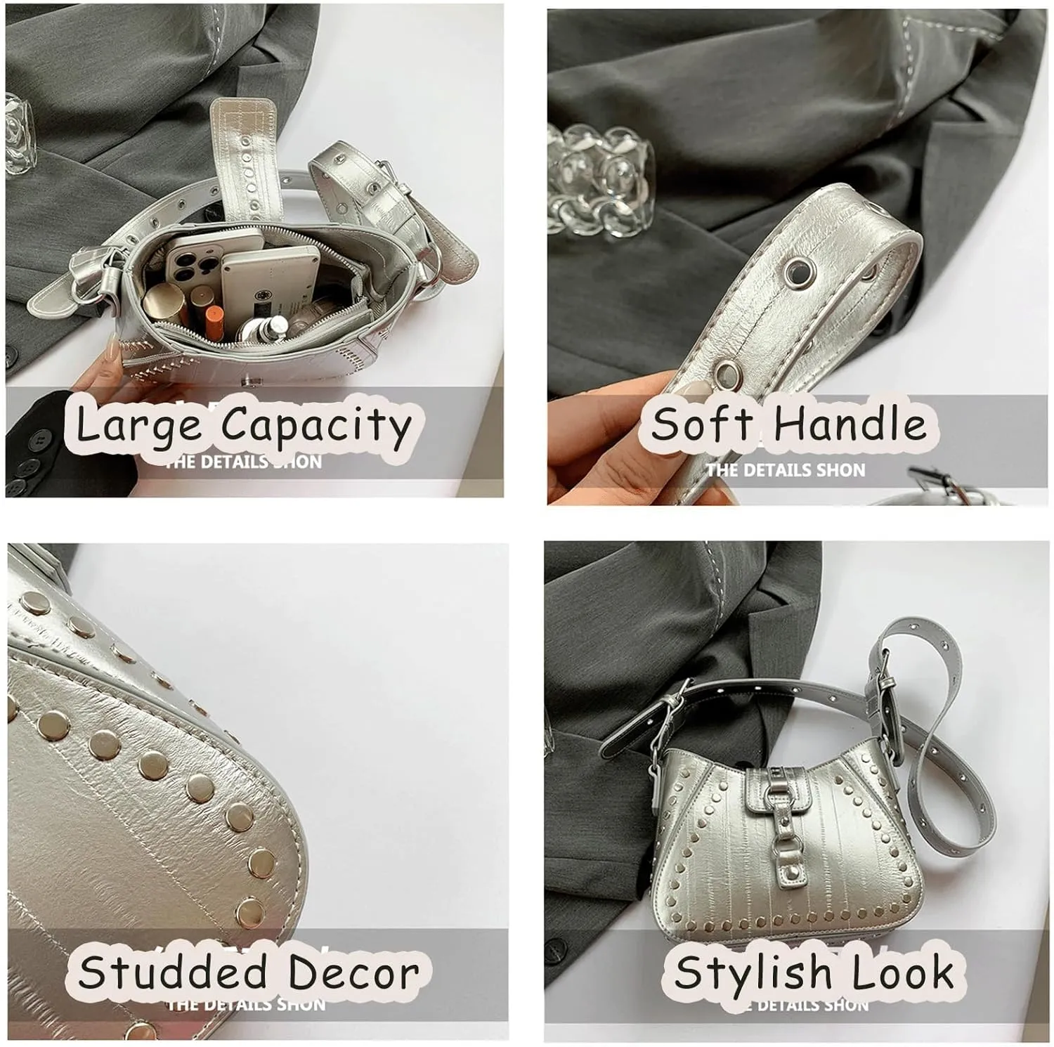 Y2K Purse Street Goth Hobo Shoulder Bag 2000s Cute Punk Girly Sleek Handbag Emo Studded Vintage Trendy Purses 2025