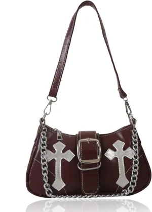 Y2K Shoulde Bag for Women,Vintage Punk Cross Pattern PU Leather Purse Small Gothic Underarm Handbags