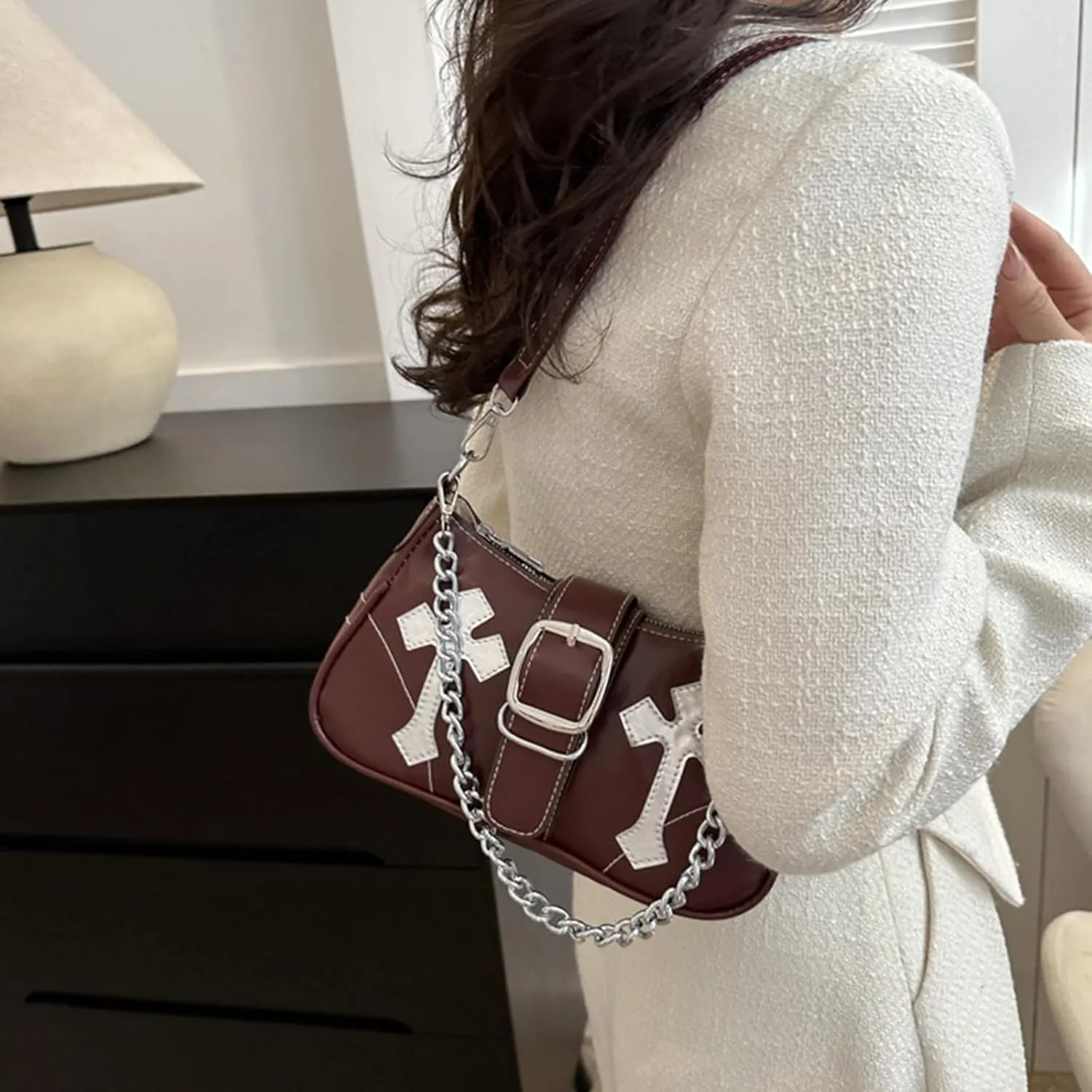 Y2K Shoulde Bag for Women,Vintage Punk Cross Pattern PU Leather Purse Small Gothic Underarm Handbags