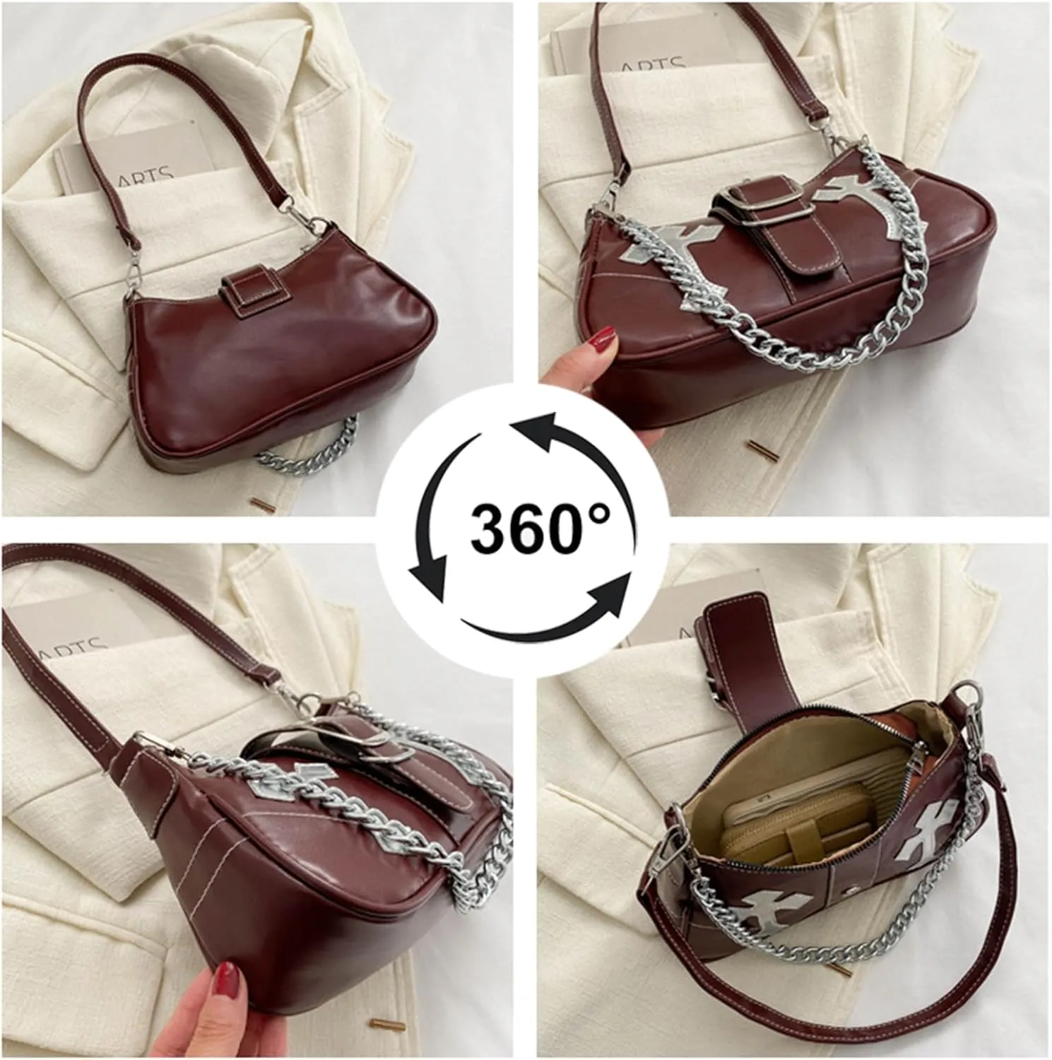 Y2K Shoulde Bag for Women,Vintage Punk Cross Pattern PU Leather Purse Small Gothic Underarm Handbags