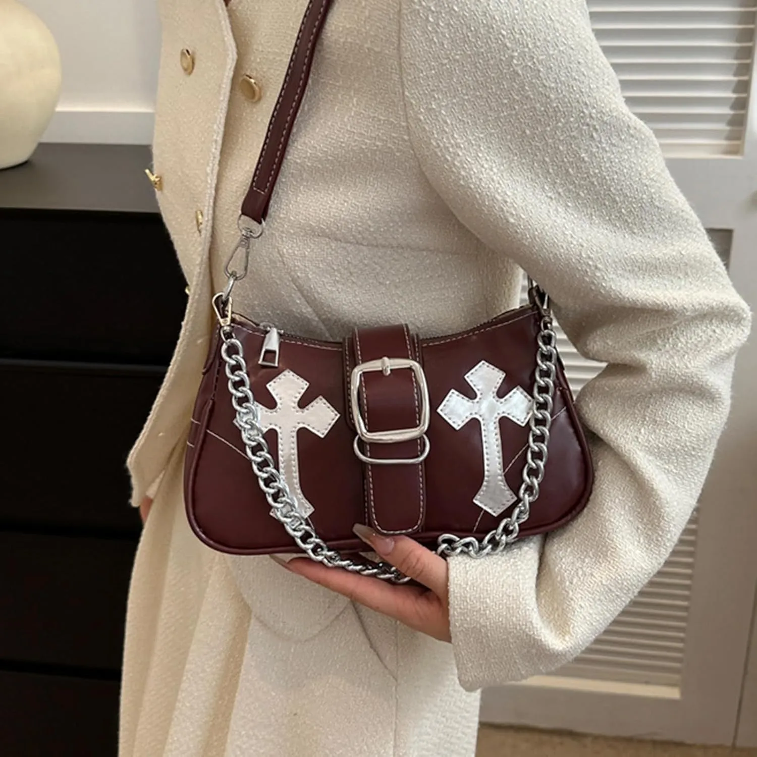 Y2K Shoulde Bag for Women,Vintage Punk Cross Pattern PU Leather Purse Small Gothic Underarm Handbags