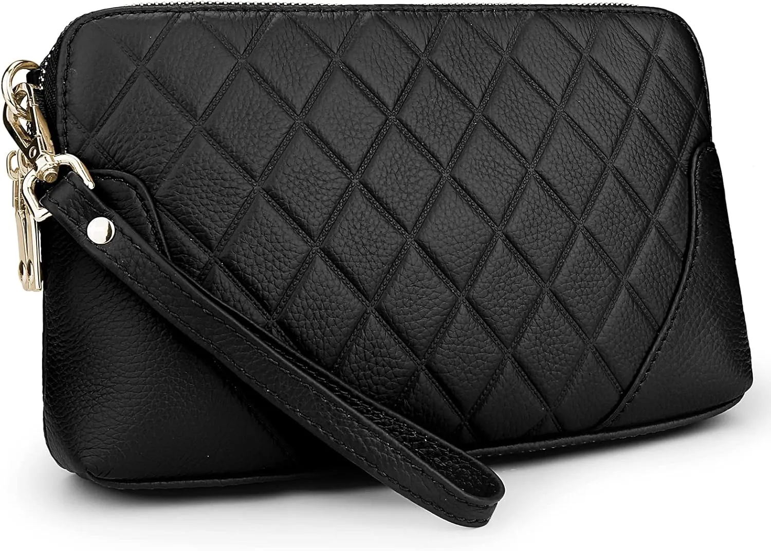 YALUXE Womens Wristlet Real Leather Quilted double zippers Large Clutch Wallet Shoulder Strap