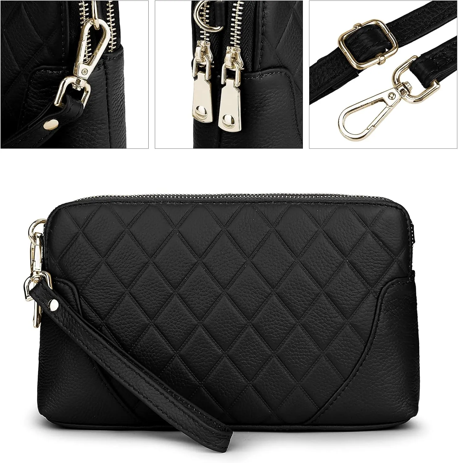 YALUXE Womens Wristlet Real Leather Quilted double zippers Large Clutch Wallet Shoulder Strap