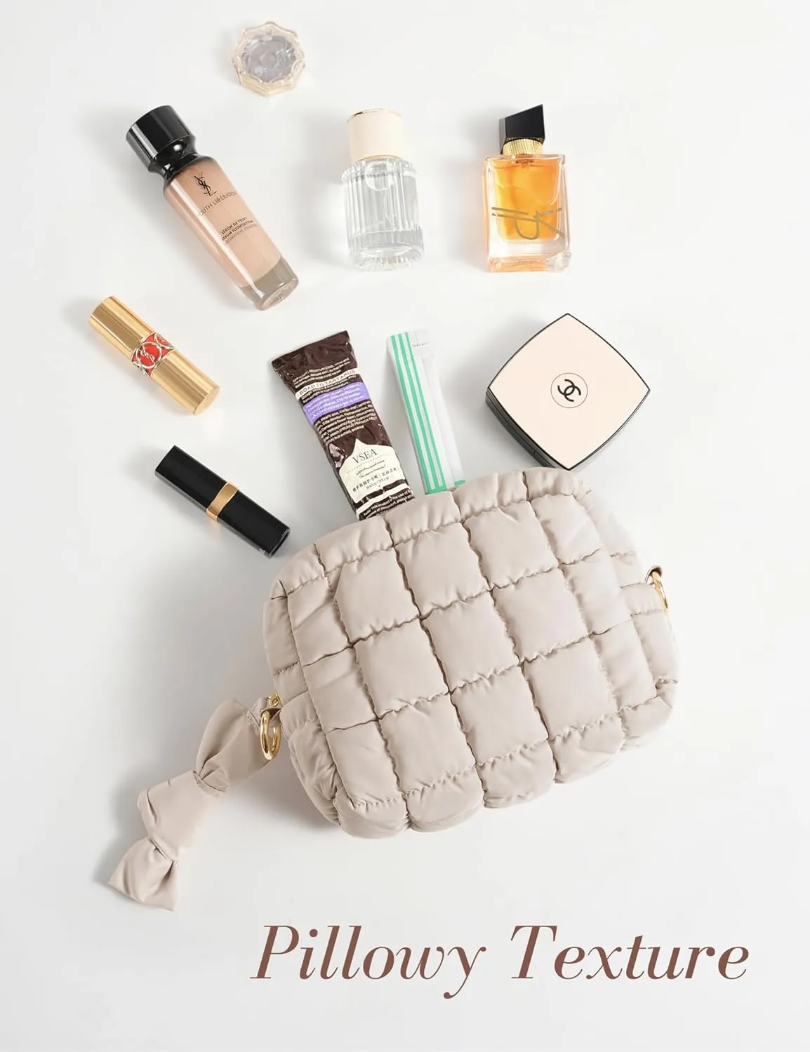 Yarnic Quilted Makeup Bag Cosmetic Bag, Travel Toiletry Bag for Women, Cute Makeup Bag Organizer Puffer Makeup Pouch (S, Beige)