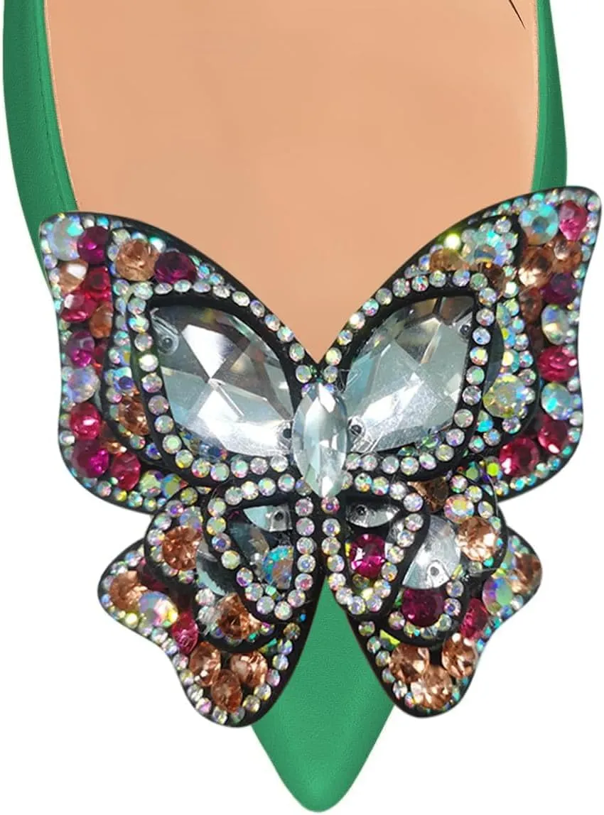 YDN Women Bow Pump Butterfly Slip on Rhinestone Chunky High Heels Pointed Toe Studded Shoe Fashion Party Dance Size 4-16 US