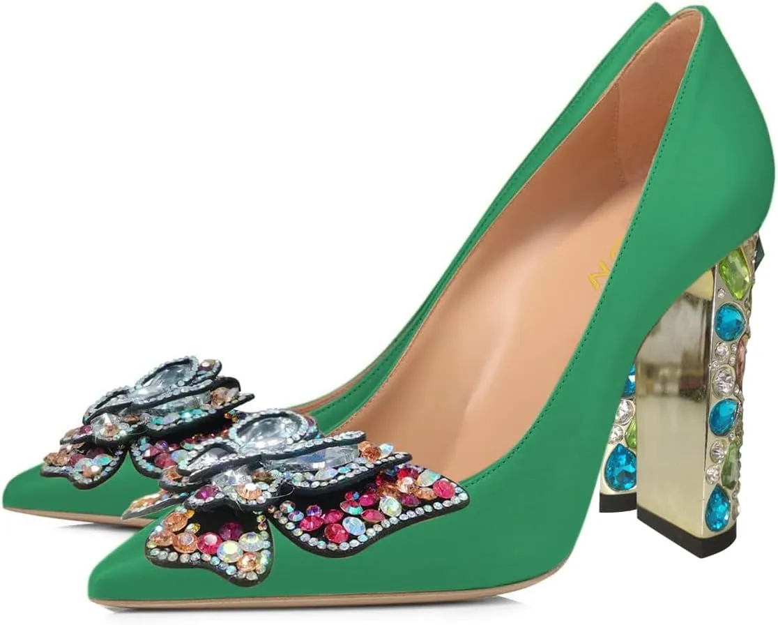 YDN Women Bow Pump Butterfly Slip on Rhinestone Chunky High Heels Pointed Toe Studded Shoe Fashion Party Dance Size 4-16 US