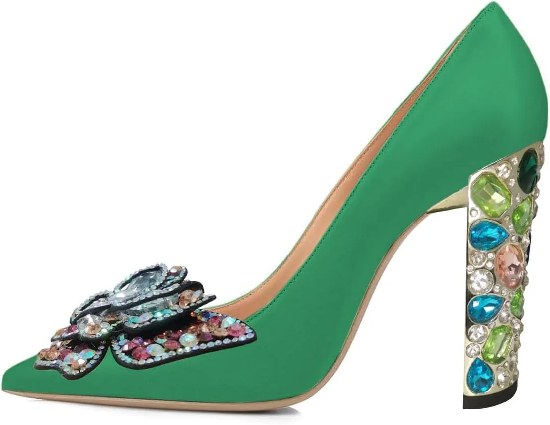 YDN Women Bow Pump Butterfly Slip on Rhinestone Chunky High Heels Pointed Toe Studded Shoe Fashion Party Dance Size 4-16 US