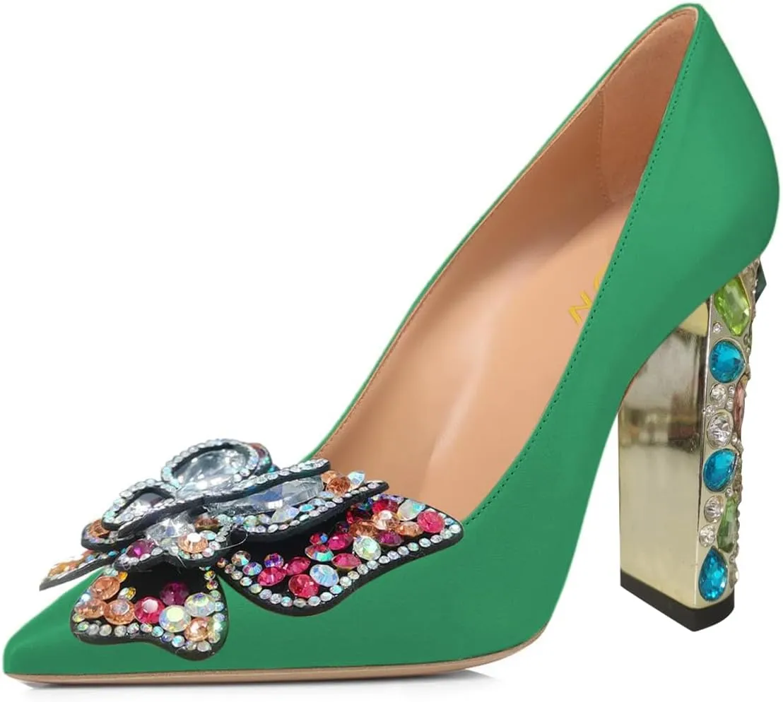 YDN Women Bow Pump Butterfly Slip on Rhinestone Chunky High Heels Pointed Toe Studded Shoe Fashion Party Dance Size 4-16 US