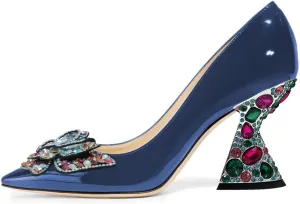 YDN Women Butterfly Pumps Colorful Crystal High Heels Studded Slip On Closed Pointed Toe Dress Shoe Wedding Party Size 4-16 US