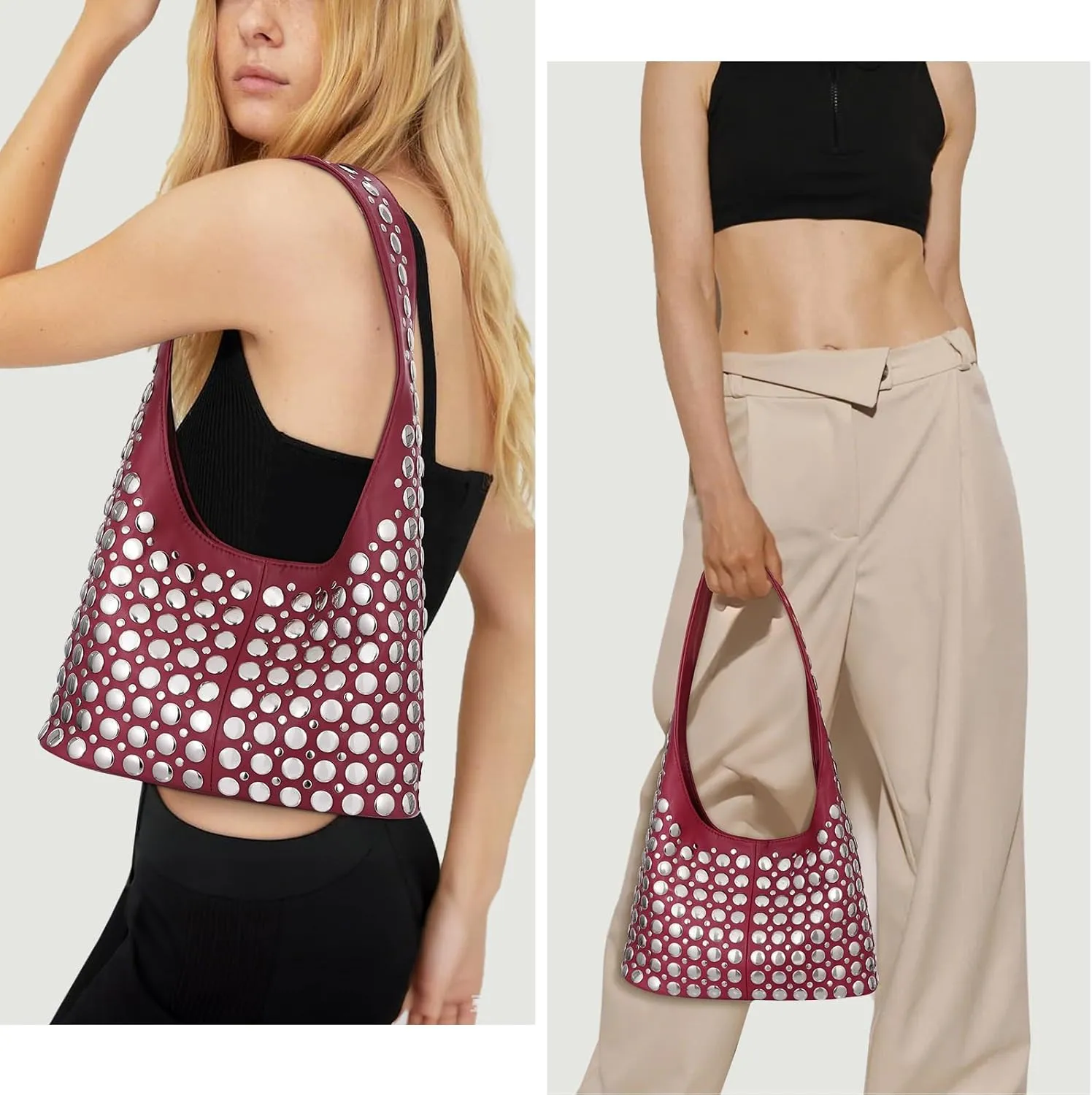 YFGBCX Vegan Leather Hobo Bag Studded Purses for Women Small Tote Bag Y2K Purse Portuguese Stud Shoulder Bag Red Purse
