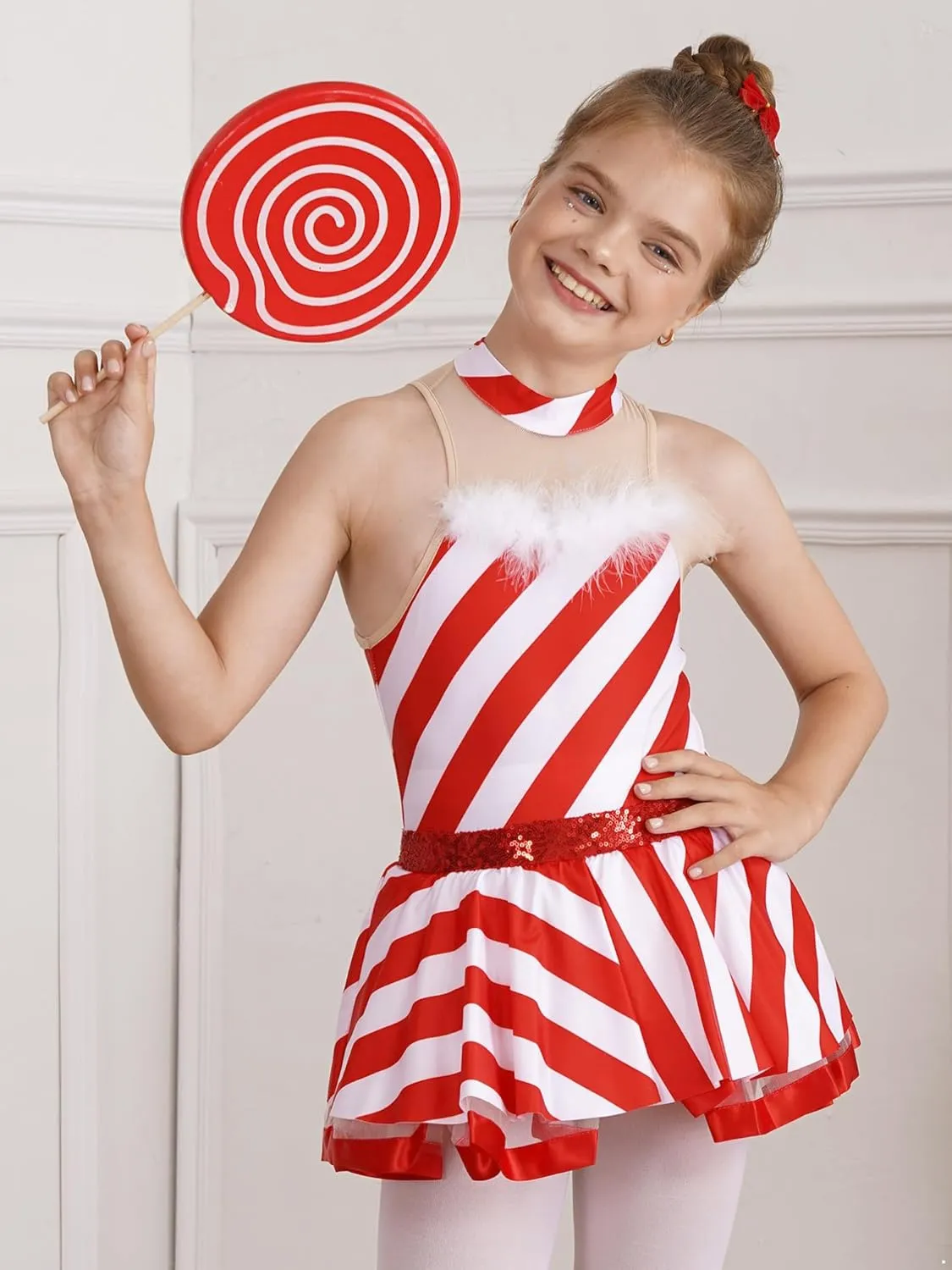 YiZYiF Kids Girls Candy Cane Striped Christmas Dance Dress Party Costume Sleeveless Mock Neck Figure Skating Dress