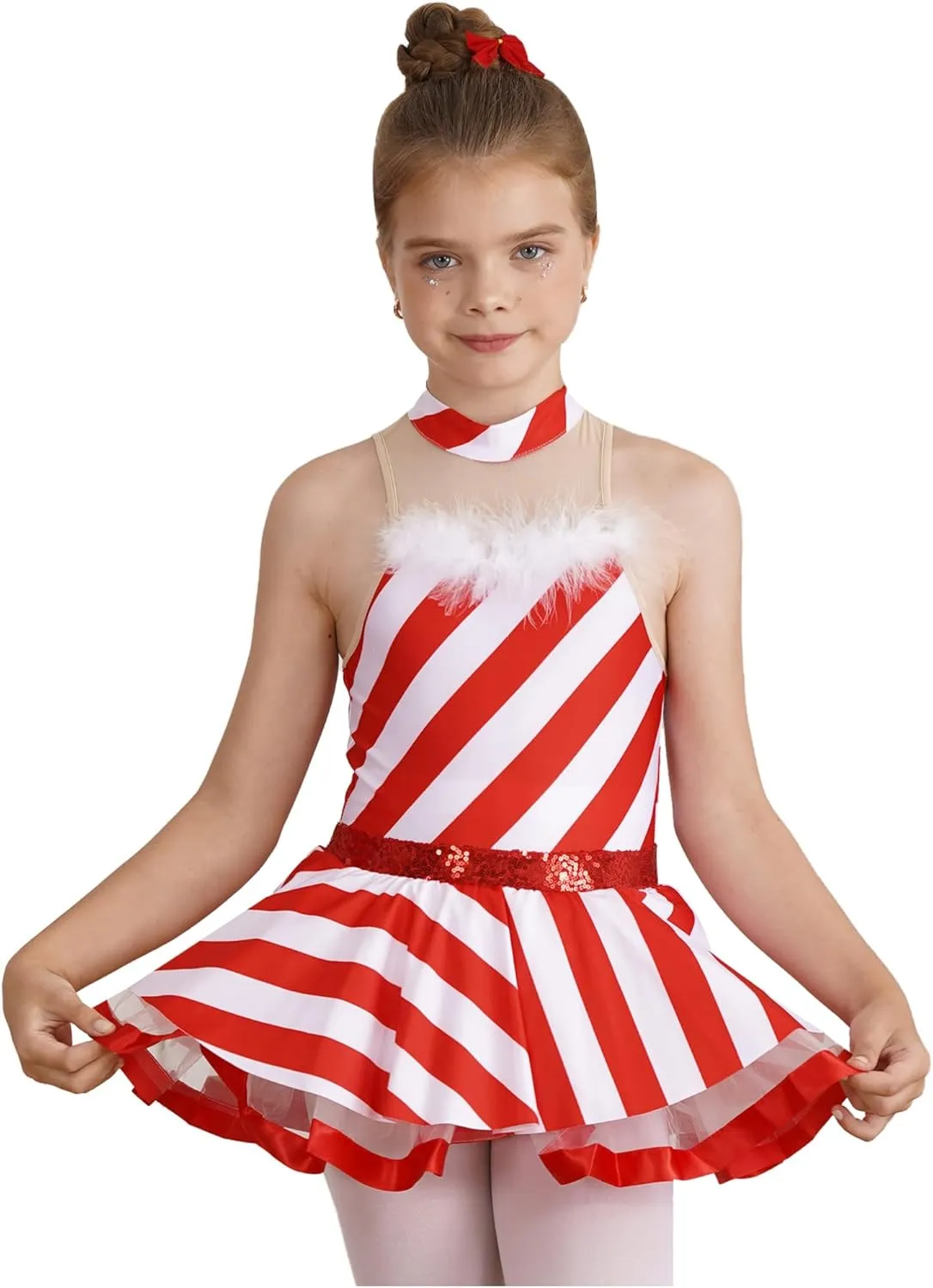YiZYiF Kids Girls Candy Cane Striped Christmas Dance Dress Party Costume Sleeveless Mock Neck Figure Skating Dress